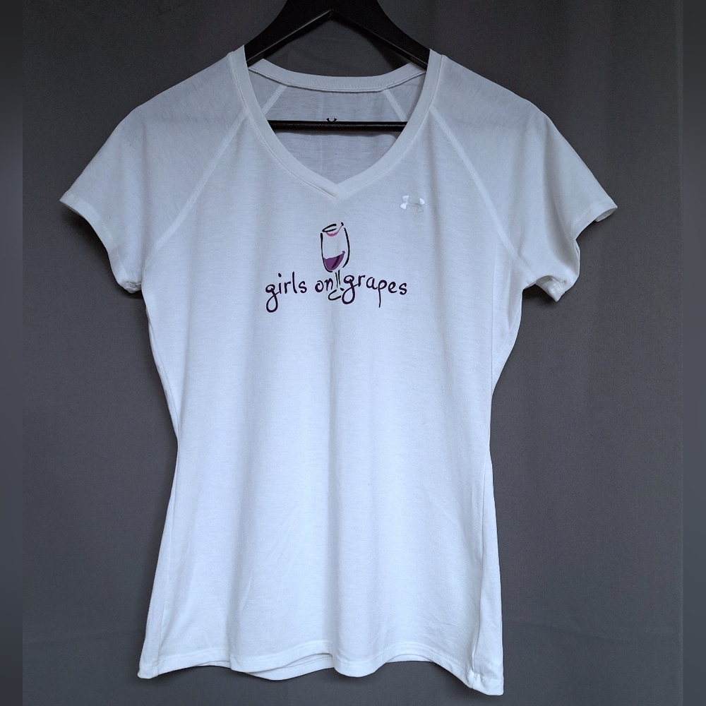 Under Armour Womens V-Neck T-Shirt Raglan Shortsleeve Graphic "Girl On Grapes"